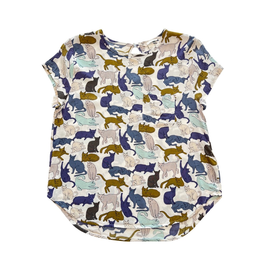 H&M Cream Blue Olive Cat Print Short Sleeve Viscose Novelty Blouse Size 12